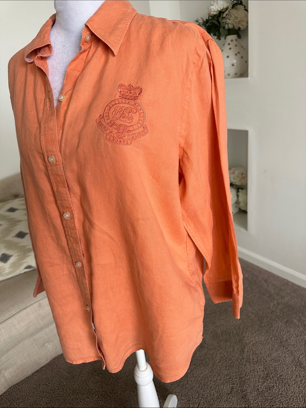 Lauren Ralph Lauren Orange Linen Button-Down Shirt - Picture 2 of 9